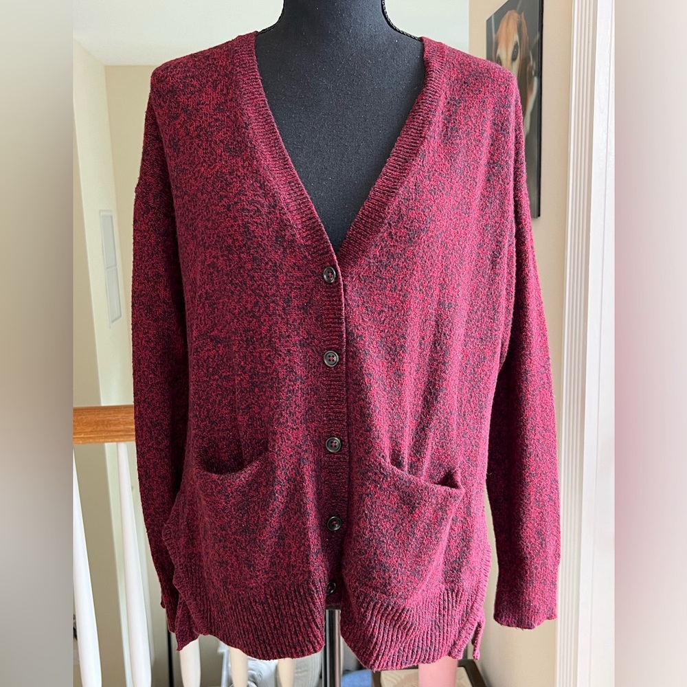 MADEWELL BURGUNDY BLK MARLED BUTTONDOWN VNECK CARDIGAN SOFT COTTON VISCOSE BLEND